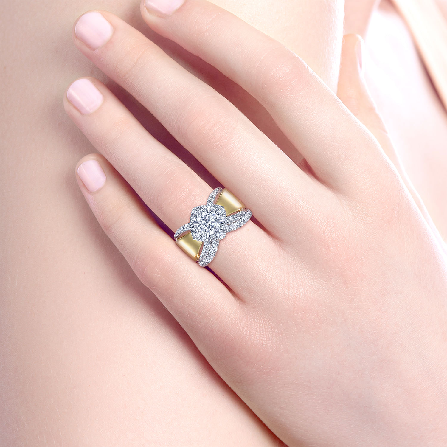 14K White-Yellow Gold Round Halo Diamond Engagement Ring