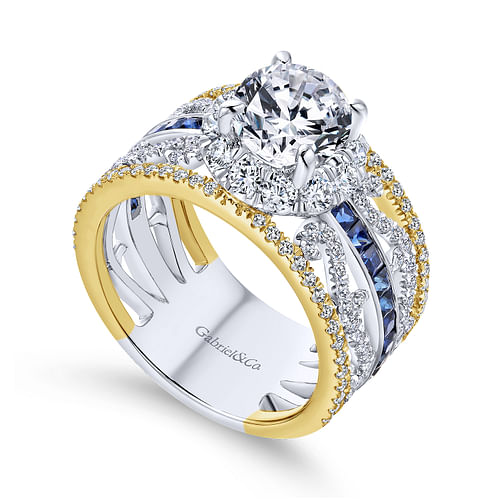 14K White-Yellow Gold Round Halo Sapphire and Diamond Channel Set Engagement Ring