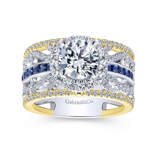 14K White-Yellow Gold Round Halo Sapphire and Diamond Channel Set Engagement Ring