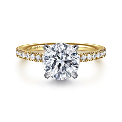 14K White-Yellow Gold Round Hidden Halo Diamond and Engagement Ring
