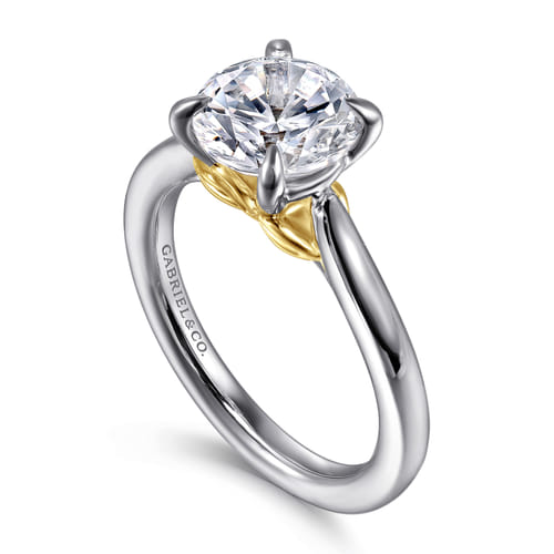 14K White-Yellow Gold Round Lotus Diamond Engagement Ring