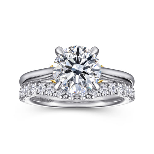 14K White-Yellow Gold Round Lotus Diamond Engagement Ring