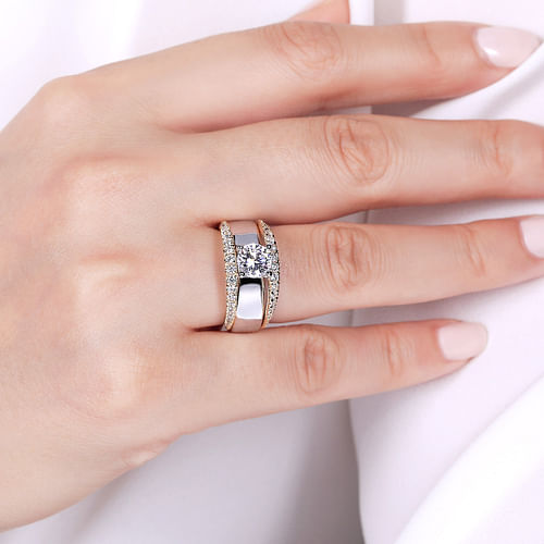 14K White-Yellow Gold Round Split Shank Diamond Engagement Ring