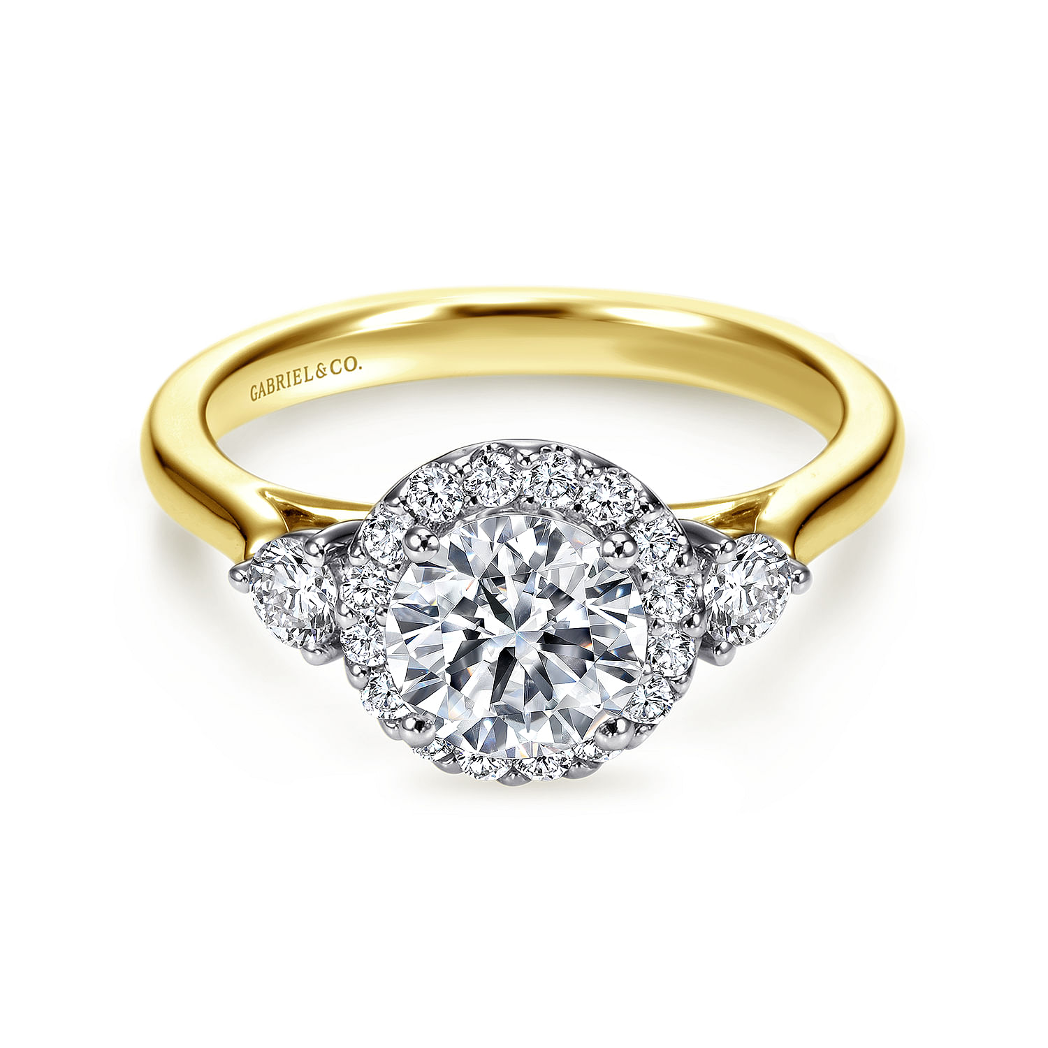 Gabriel - 14K White-Yellow Gold Round Three Stone Halo Diamond Engagement Ring