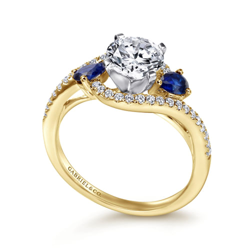 14K White-Yellow Gold Round Three Stone Sapphire and Diamond Engagement Ring