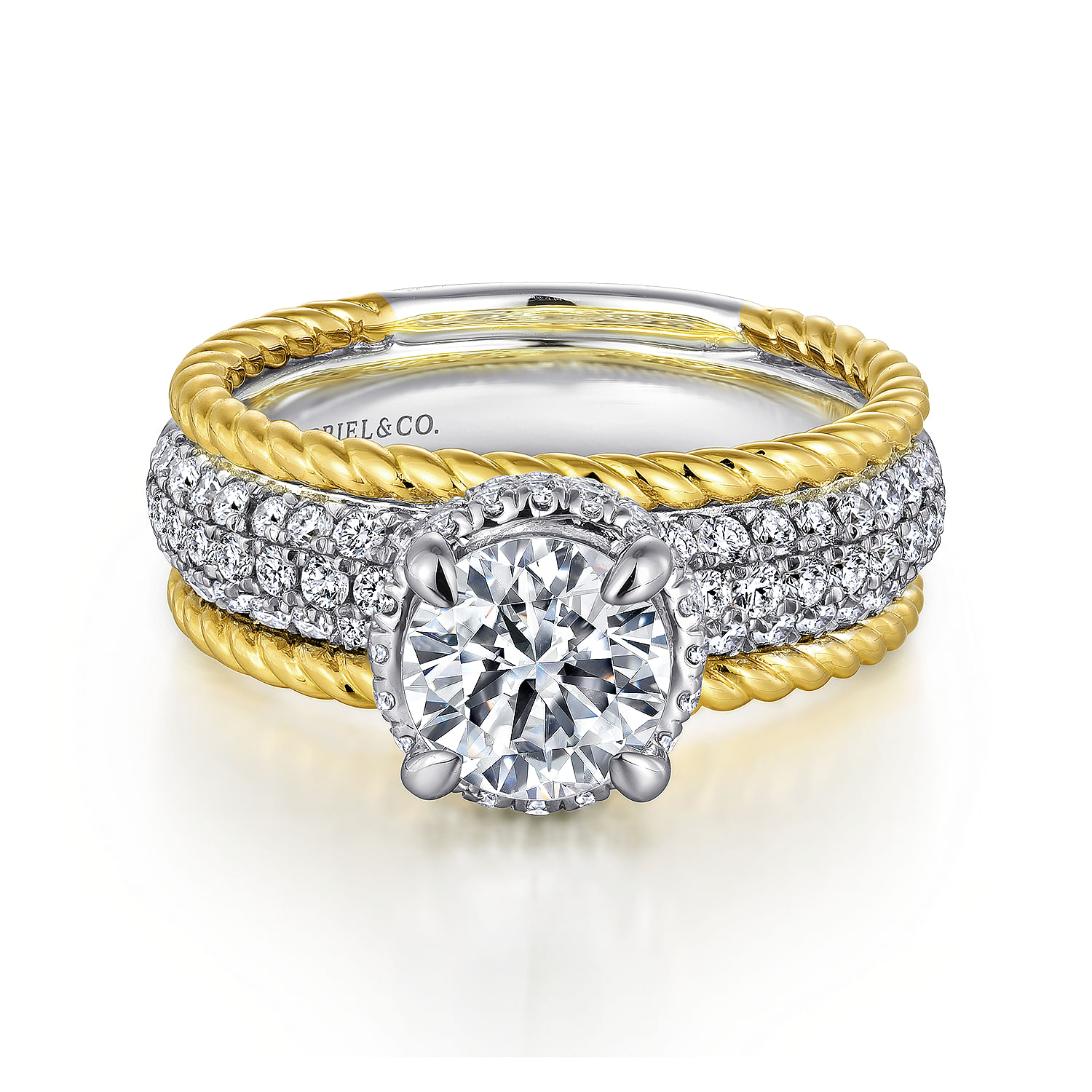 Gabriel - 14K White-Yellow Gold Round Wide Band Diamond Engagement Ring