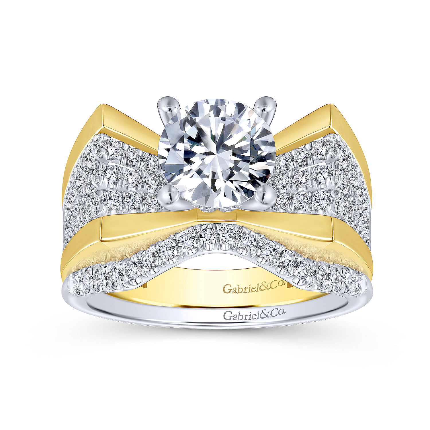14K White-Yellow Gold Round Wide Band Diamond Engagement Ring