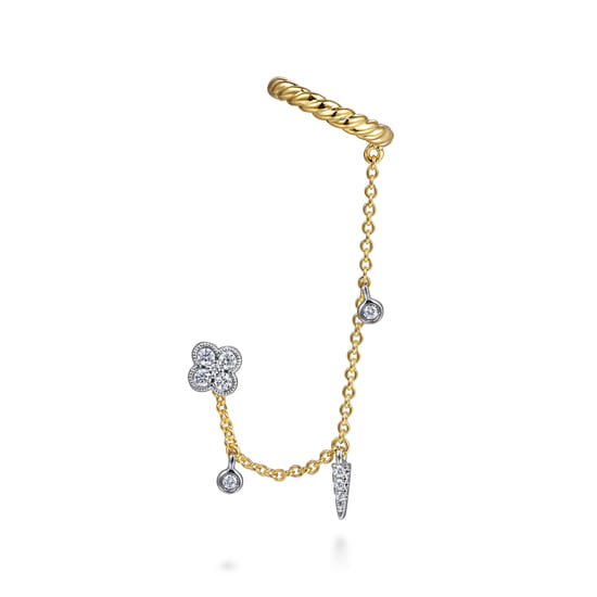 14K White-Yellow Gold Single Diamond Stud With Chain Drop And Ear Cuff angle 2