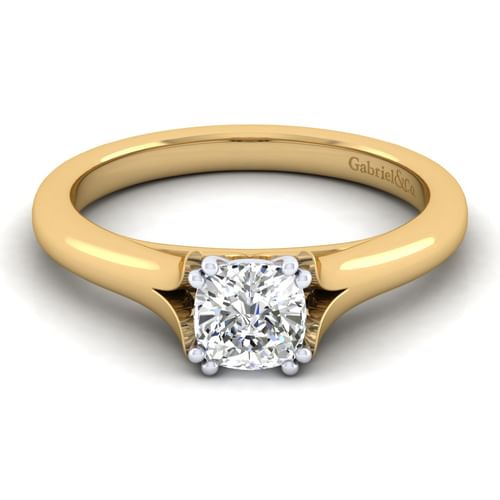 14K White-Yellow Gold Split Shank Cushion Cut Diamond Engagement Ring