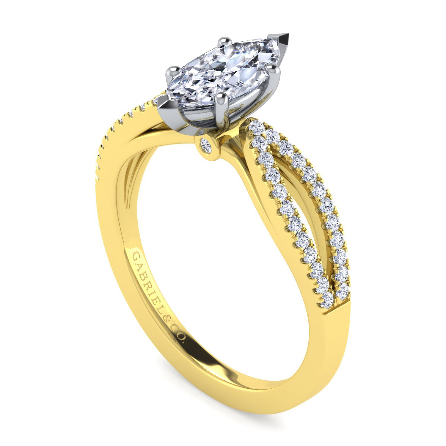 14K White-Yellow Gold Split Shank Marquise Shape Diamond Engagement Ring