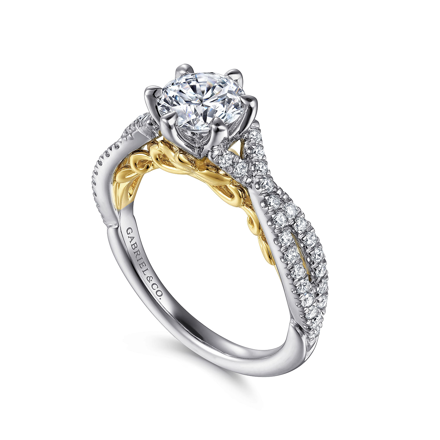 14K White-Yellow Gold Split Shank Round Diamond Engagement Ring