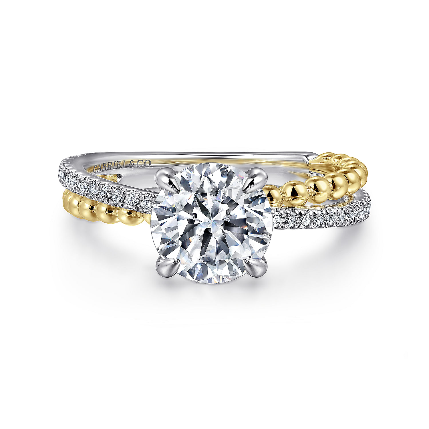 Gabriel - 14K White-Yellow Gold Split Shank Round Hidden Halo Diamond Engagement Ring