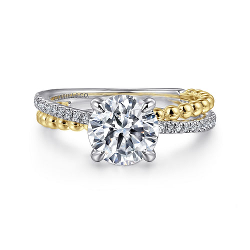 14K White-Yellow Gold Split Shank Round Hidden Halo Diamond Engagement Ring