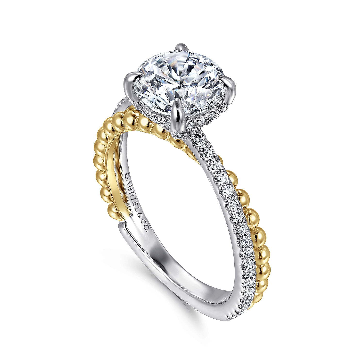 14K White-Yellow Gold Split Shank Round Hidden Halo Diamond Engagement Ring
