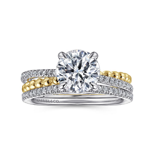 14K White-Yellow Gold Split Shank Round Hidden Halo Diamond Engagement Ring