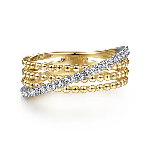 14K White-Yellow Gold Three Row Bujukan Ball and Diamond Band Ring