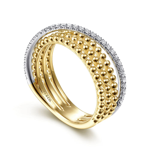 14K White-Yellow Gold Three Row Bujukan Ball and Diamond Band Ring