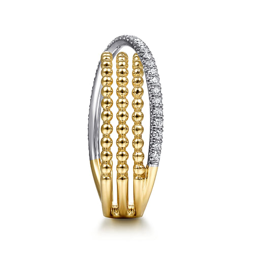 14K White-Yellow Gold Three Row Bujukan Ball and Diamond Band Ring