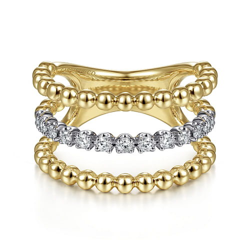 14K White-Yellow Gold Three Row Diamond and Bujukan Bead Ring