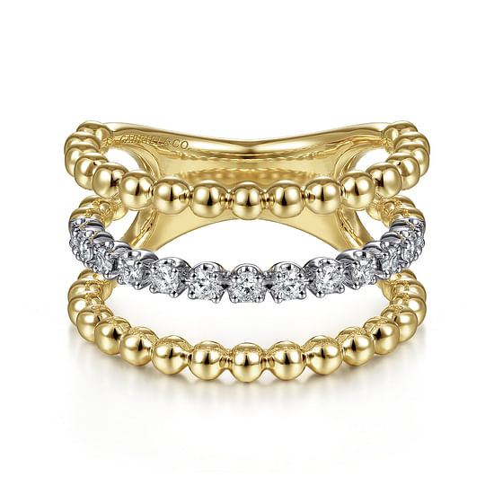 Gabriel - 14K White-Yellow Gold Three Row Diamond and Bujukan Bead Ring