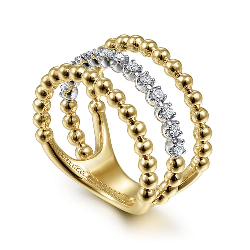 14K White-Yellow Gold Three Row Diamond and Bujukan Bead Ring