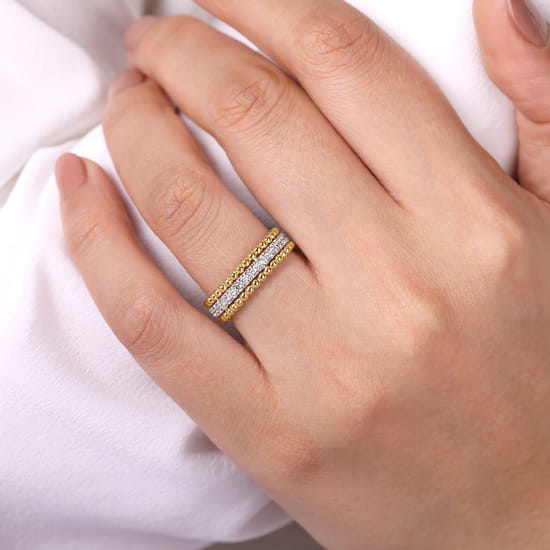 14K White-Yellow Gold Three Row Diamond and Bujukan Bead Ring angle 5