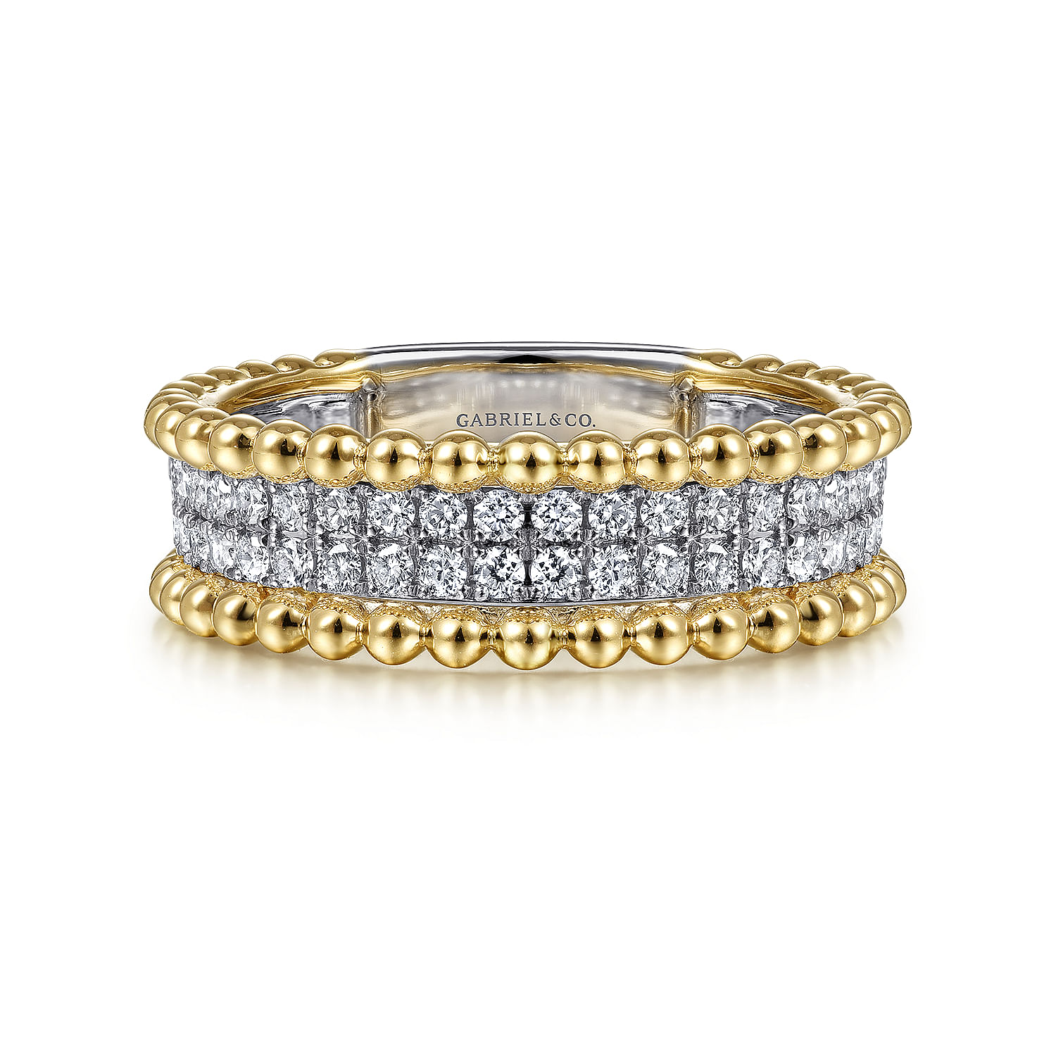 14K White-Yellow Gold Three Row Diamond and Bujukan Bead Ring