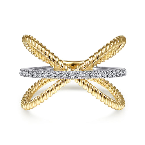 14K White-Yellow Gold Twisted Criss Cross X Shaped Diamond Ring