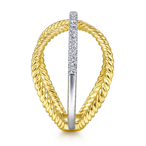 14K White-Yellow Gold Twisted Criss Cross X Shaped Diamond Ring