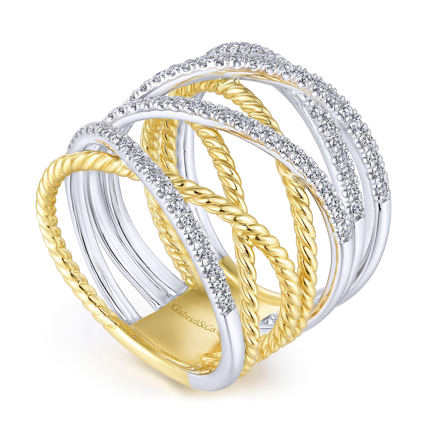 14K White-Yellow Gold Twisted Layered Wide Band Diamond Ring