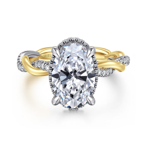 14K White-Yellow Gold Twisted Oval Halo Diamond Engagement Ring