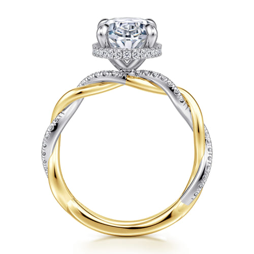14K White-Yellow Gold Twisted Oval Halo Diamond Engagement Ring