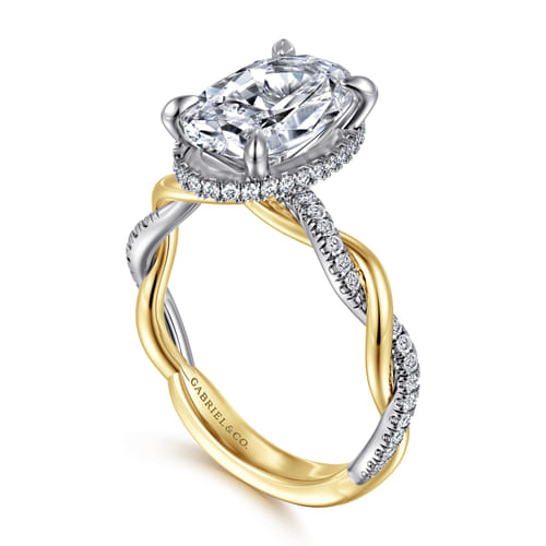 14K White-Yellow Gold Twisted Oval Halo Diamond Engagement Ring