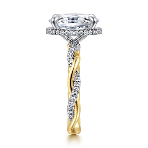 14K White-Yellow Gold Twisted Oval Halo Diamond Engagement Ring