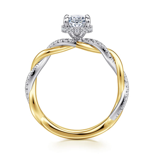 14K White-Yellow Gold Twisted Oval Halo Diamond Engagement Ring