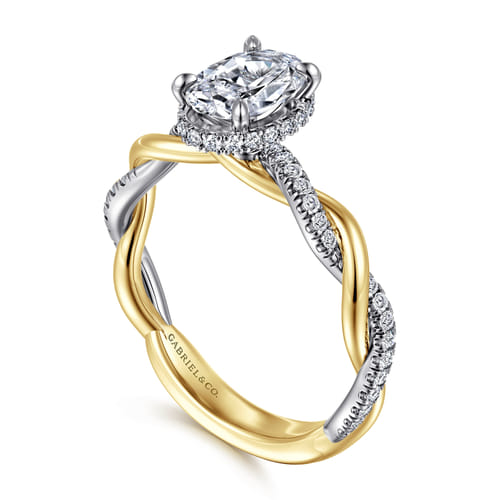 14K White-Yellow Gold Twisted Oval Halo Diamond Engagement Ring