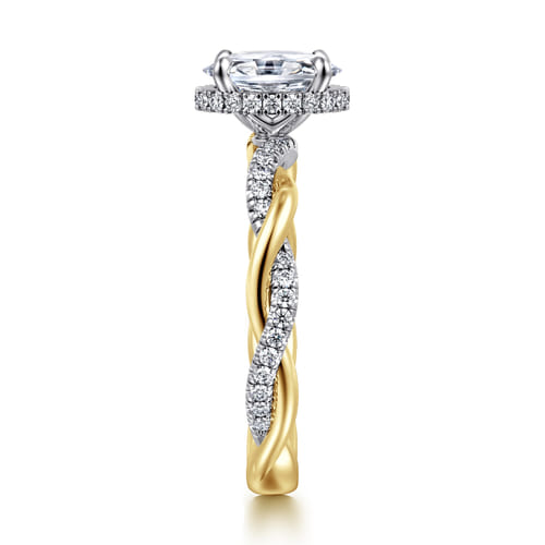 14K White-Yellow Gold Twisted Oval Halo Diamond Engagement Ring