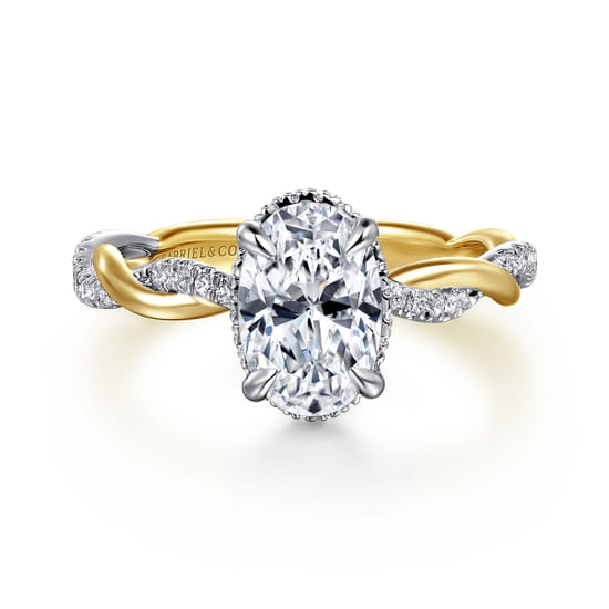 Gabriel - 14K White-Yellow Gold Twisted Oval Halo Diamond Engagement Ring