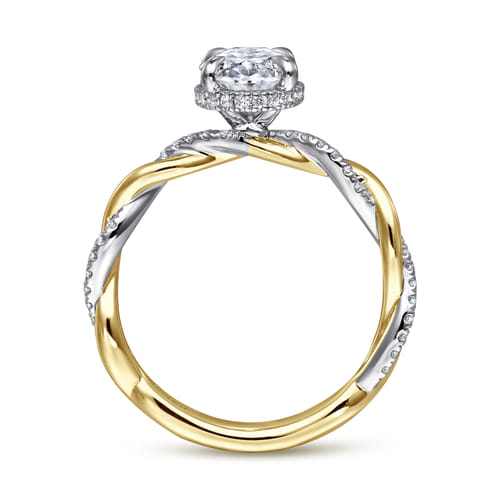 14K White-Yellow Gold Twisted Oval Halo Diamond Engagement Ring