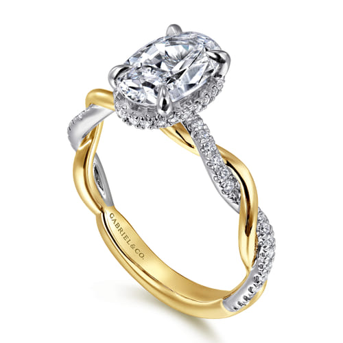 14K White-Yellow Gold Twisted Oval Halo Diamond Engagement Ring