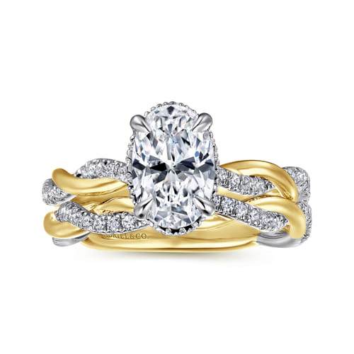 14K White-Yellow Gold Twisted Oval Halo Diamond Engagement Ring