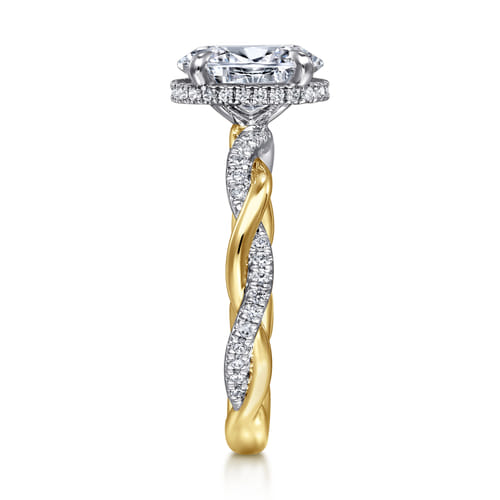14K White-Yellow Gold Twisted Oval Halo Diamond Engagement Ring