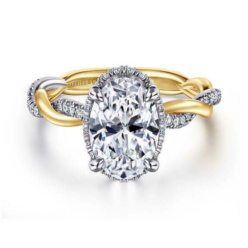 14K White-Yellow Gold Twisted Oval Halo Diamond Engagement Ring
