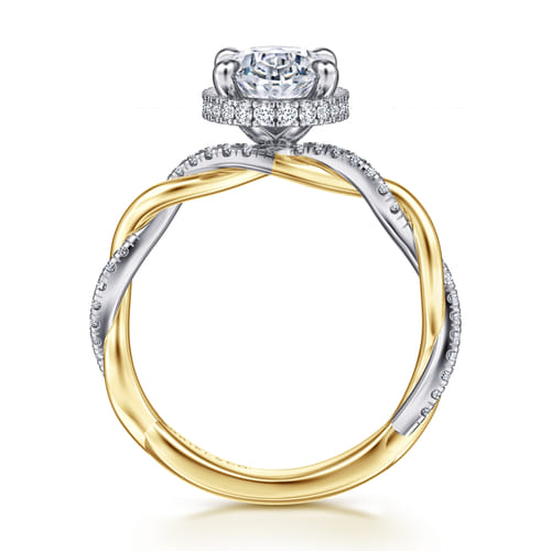 14K White-Yellow Gold Twisted Oval Halo Diamond Engagement Ring
