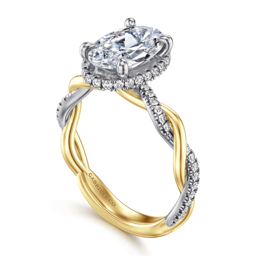 14K White-Yellow Gold Twisted Oval Halo Diamond Engagement Ring