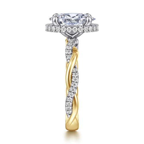 14K White-Yellow Gold Twisted Oval Halo Diamond Engagement Ring