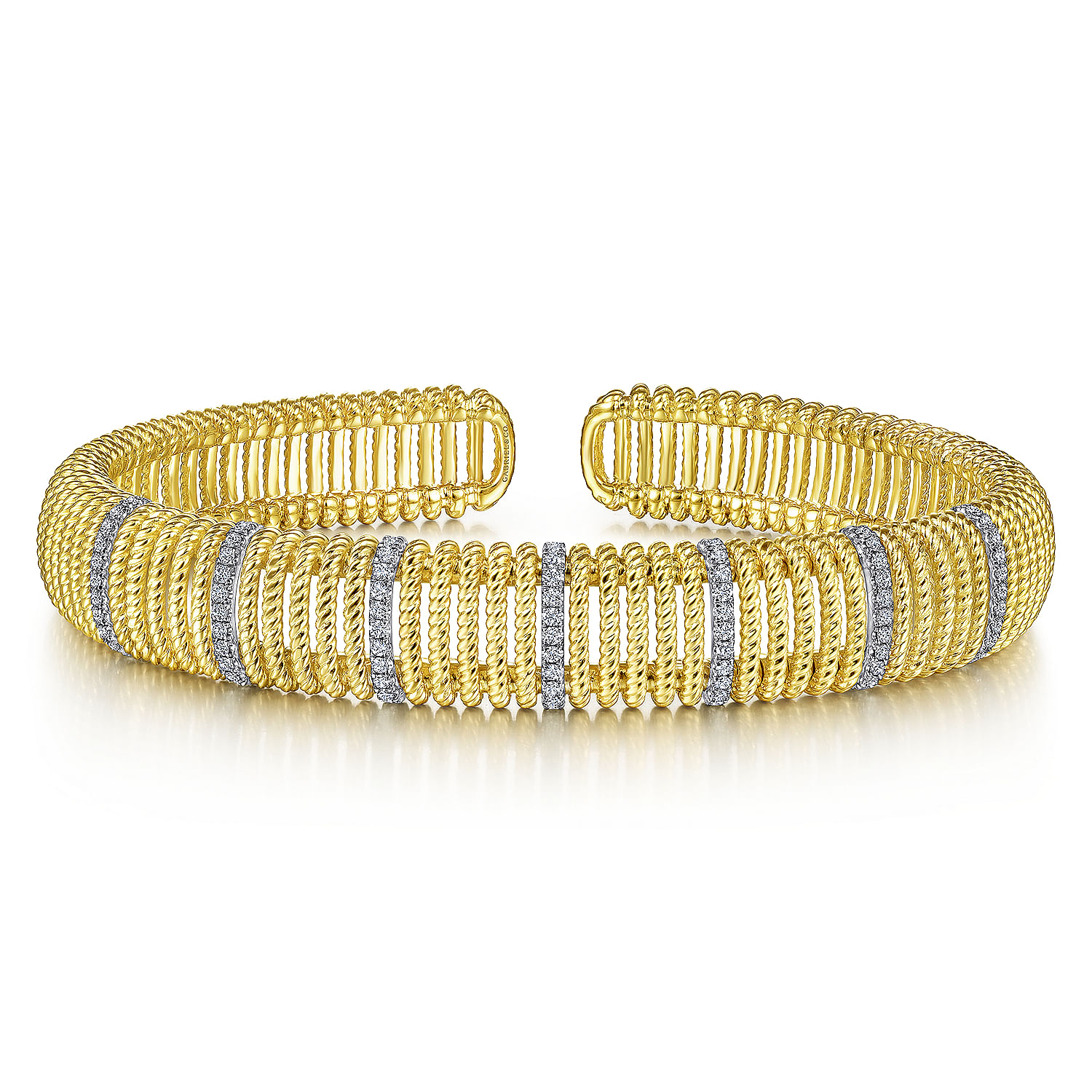 14K White-Yellow Gold Twisted Rope Cuff Bracelet with Diamond Stations