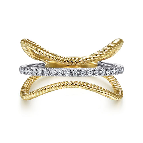 14K White-Yellow Gold Twisted Rope Three Row Curving Diamond Ring