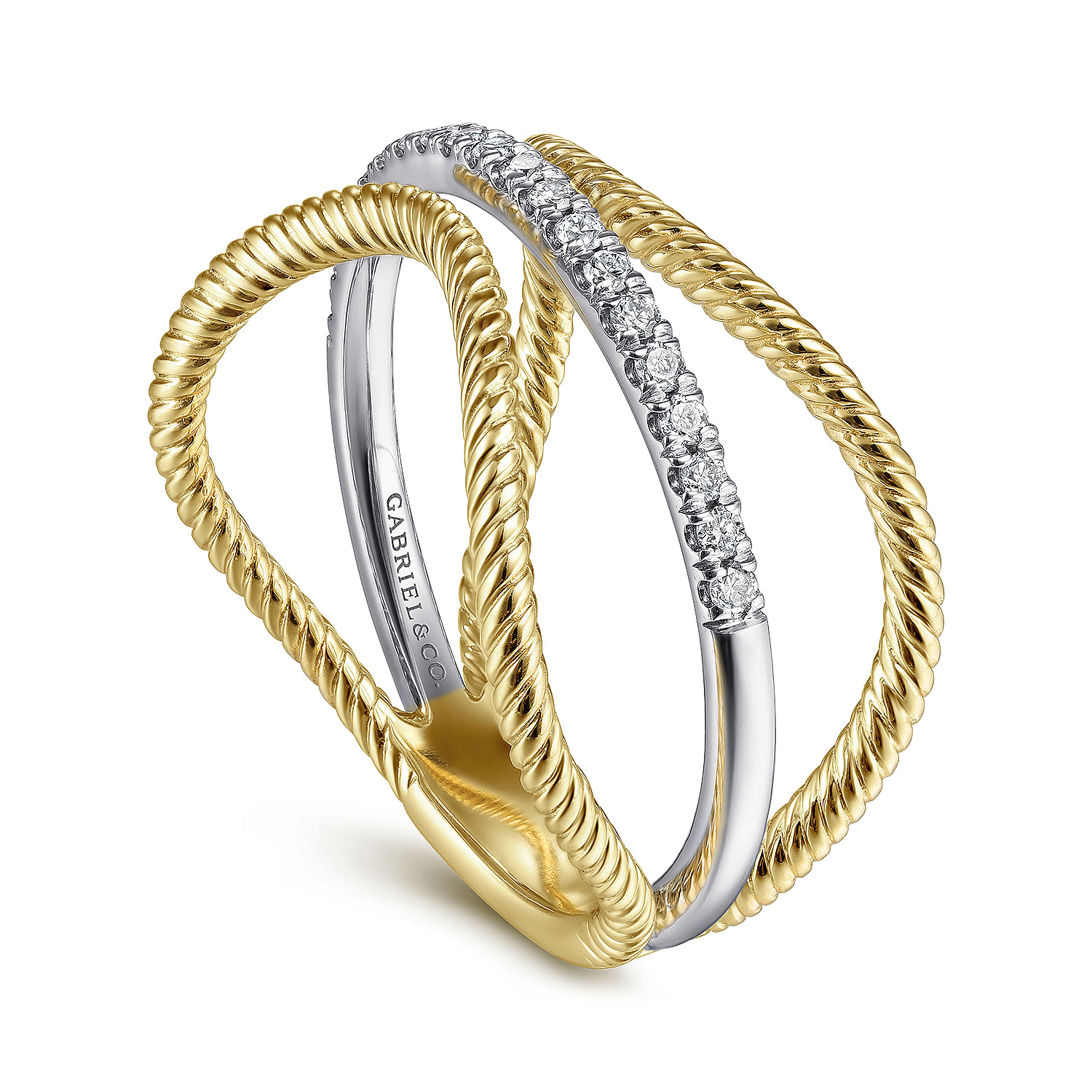 14K White-Yellow Gold Twisted Rope Three Row Curving Diamond Ring