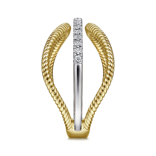 14K White-Yellow Gold Twisted Rope Three Row Curving Diamond Ring